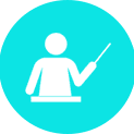 A white icon of a person holding a pointer.